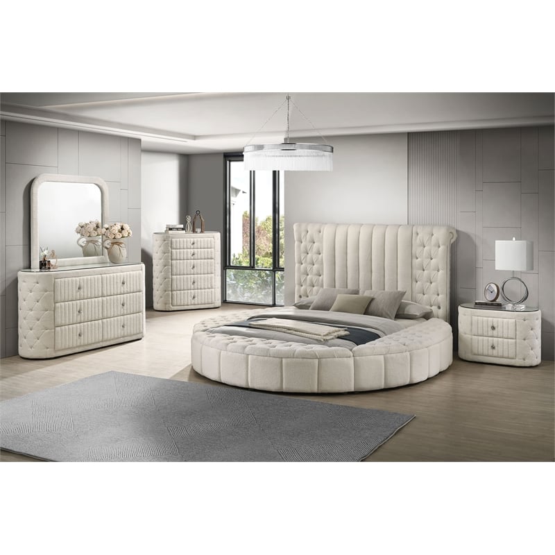 Pemberly Row 5-Piece Velvet Eastern King Bedroom Set in Ivory White