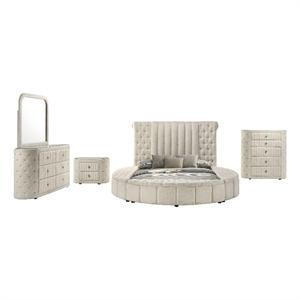 Pemberly Row 5-Piece Velvet Queen Bedroom Set in Ivory White