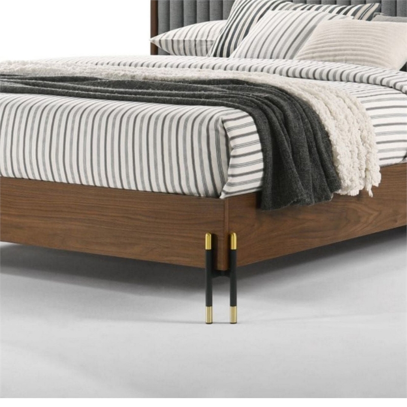 Pemberly Row Channel Tufted King Platform Bed in Gray and Walnut Brown