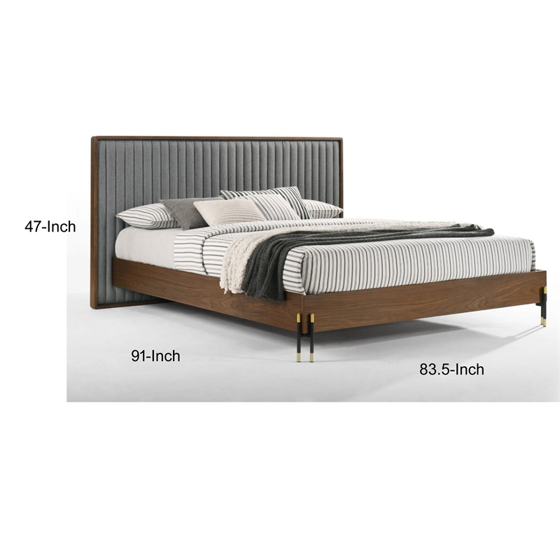 Pemberly Row Channel Tufted King Platform Bed in Gray and Walnut Brown