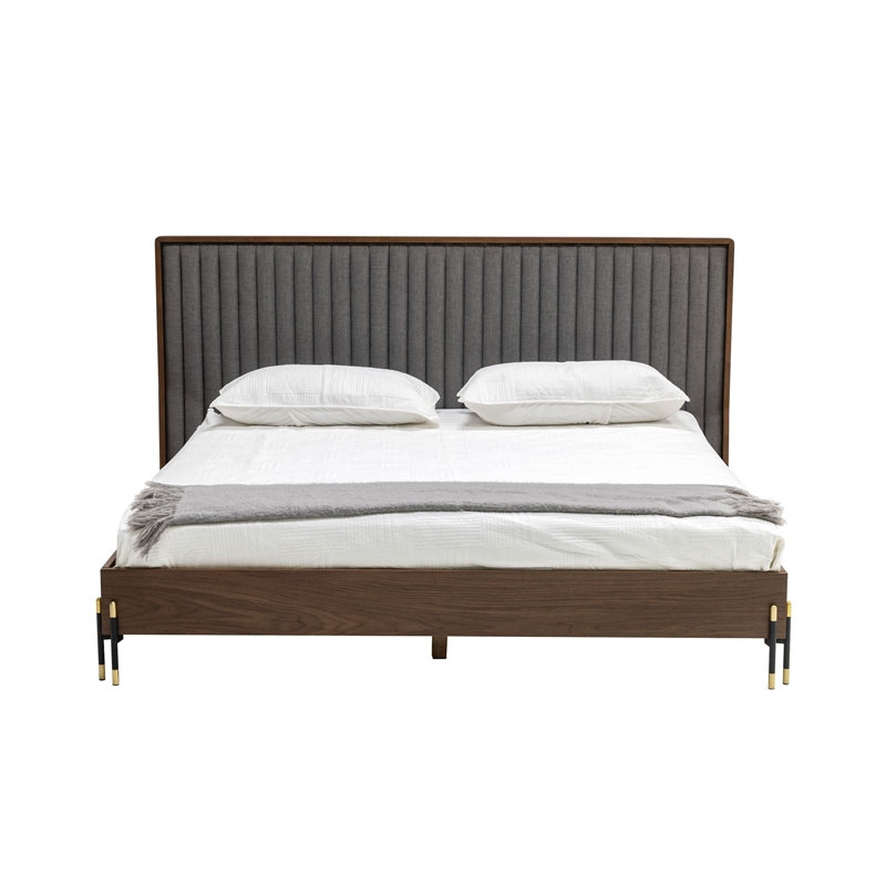 Pemberly Row Channel Tufted King Platform Bed in Gray and Walnut Brown