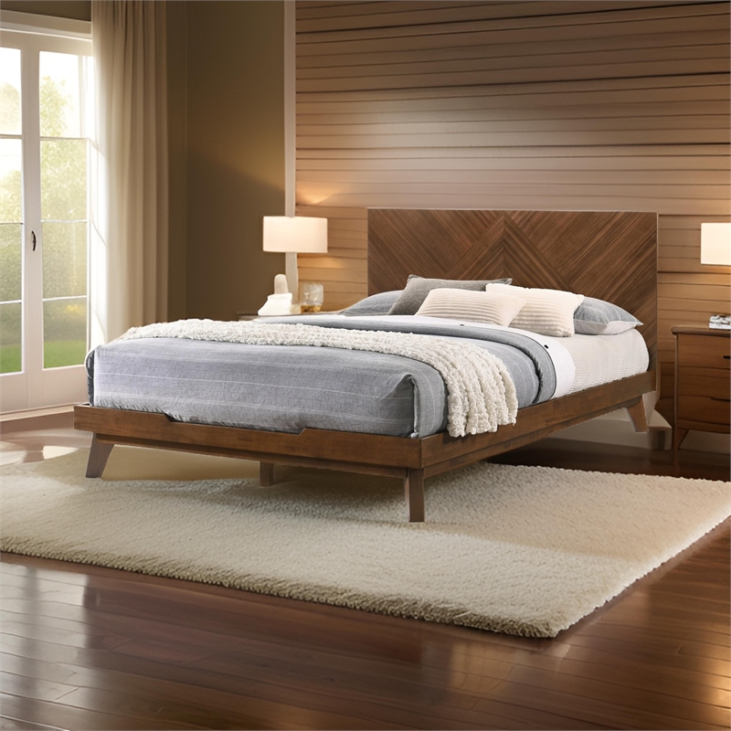 Pemberly Row Queen Bed with Chevron Tall Headboard in Walnut Brown