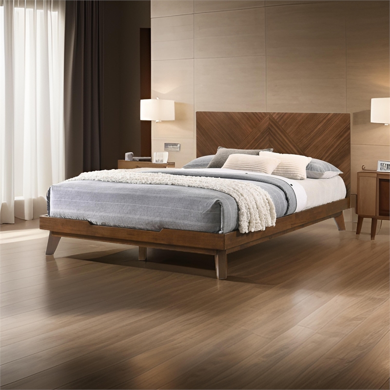Pemberly Row King Bed with Chevron Tall Headboard in Walnut Brown