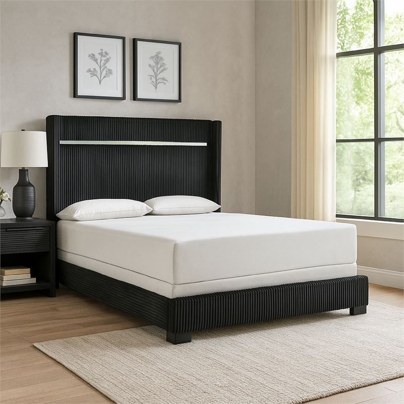 Pemberly Row Queen Bed with Channel Tufted Silver Trim Headboard in Black