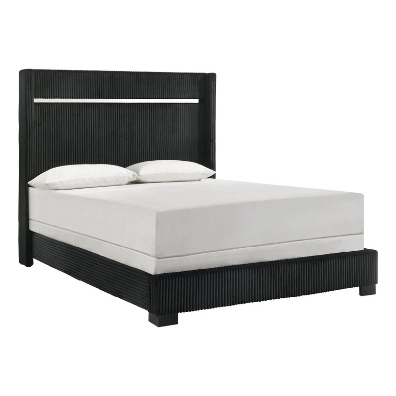 Pemberly Row Queen Bed with Channel Tufted Silver Trim Headboard in Black