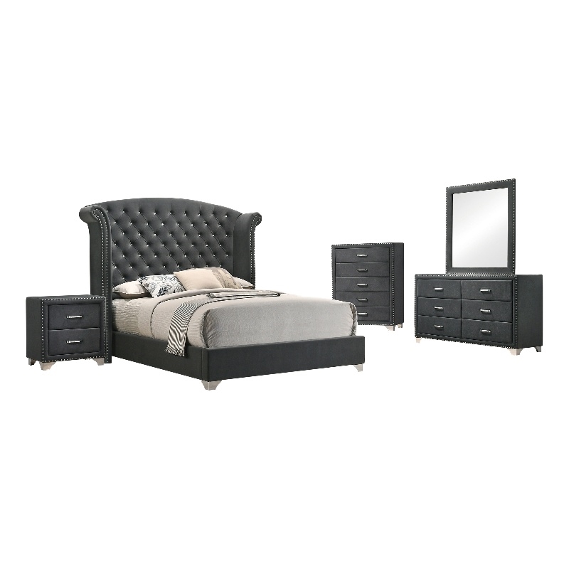 Pemberly Row 5-Piece California King Wingback Bedroom Set in Gray Velvet