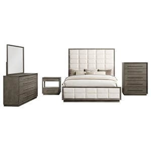 Pemberly Row 5-Piece Upholstered Eastern King Bedroom Set in Taupe Oak
