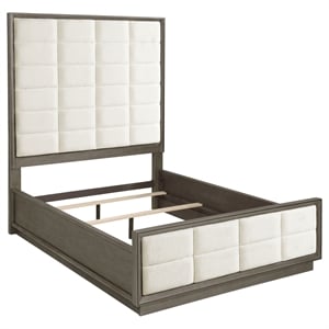 Pemberly Row 80 Inch Queen Upholstered Panel Bed in Taupe Oak