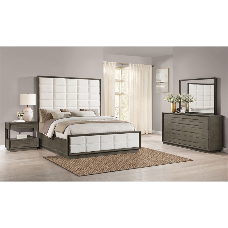 Pemberly Row 4-Piece Upholstered Queen Bedroom Set in Taupe Oak