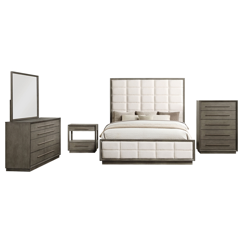 Pemberly Row 4-Piece Upholstered Queen Bedroom Set in Taupe Oak