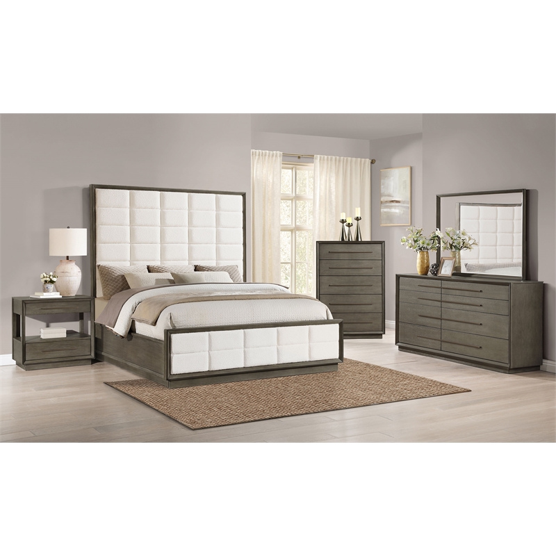 Pemberly Row 5-Piece Upholstered Queen Bedroom Set in Taupe Oak