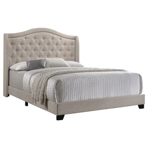 Pemberly Row Upholstered Eastern King Wingback Bed in Beige Linen