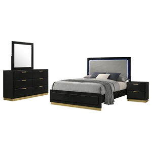 Pemberly Row 4-Piece Queen Upholstered LED Bedroom Set in Black