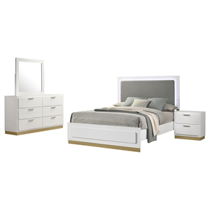 Pemberly Row 4-Piece Queen Upholstered LED Bedroom Set in White