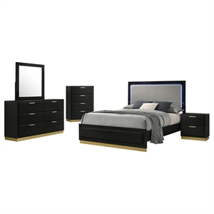 Pemberly Row 5-Piece Queen Upholstered LED Bedroom Set in Black