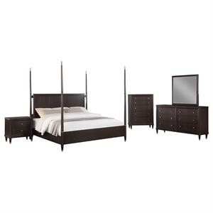 Pemberly Row 5-Piece Queen Four-Poster Modern Bedroom Set in Brown
