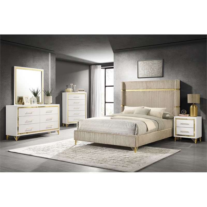 Pemberly Row 5-Piece Eastern King Wingback Bedroom Set in Beige and White