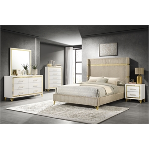 Pemberly Row 5-Piece Eastern King Wingback Bedroom Set in Beige and White