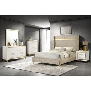 Pemberly Row 5-Piece Queen Wingback Bedroom Set in Beige and White