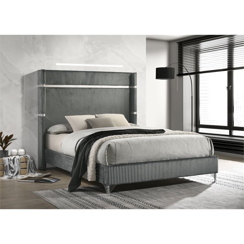 Pemberly Row 61 Inch Upholstered Queen Wingback Bed in Gray Velvet