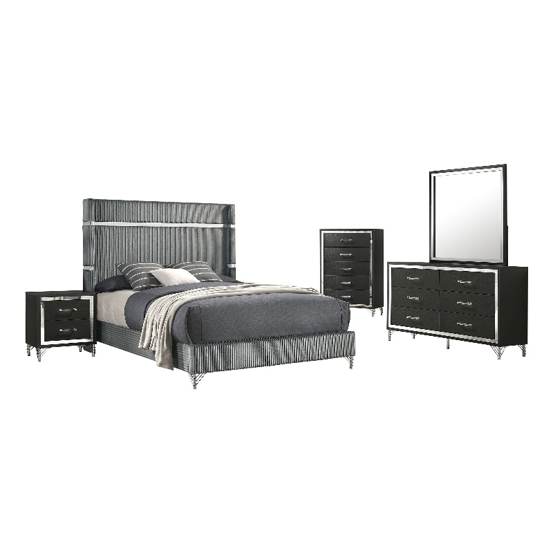 Pemberly Row 5-Piece Queen Wingback Bedroom Set in Gray and Black