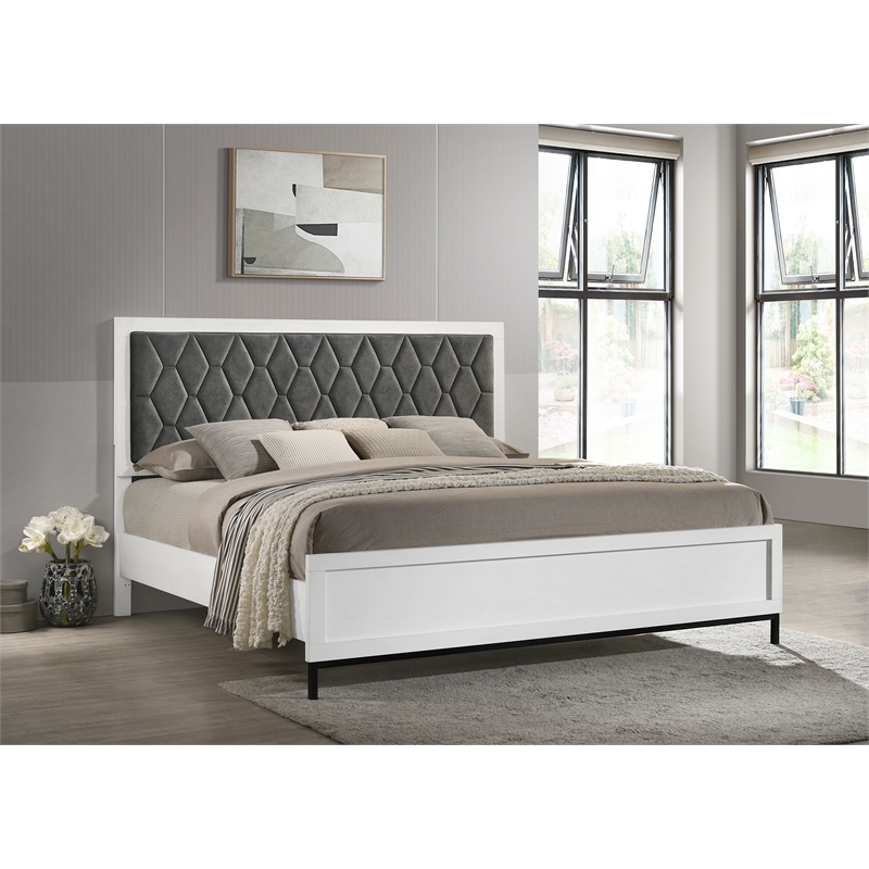 Pemberly Row California King Hexagon Upholstered Panel Bed in White
