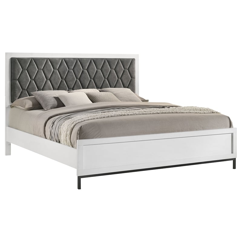 Pemberly Row California King Hexagon Upholstered Panel Bed in White