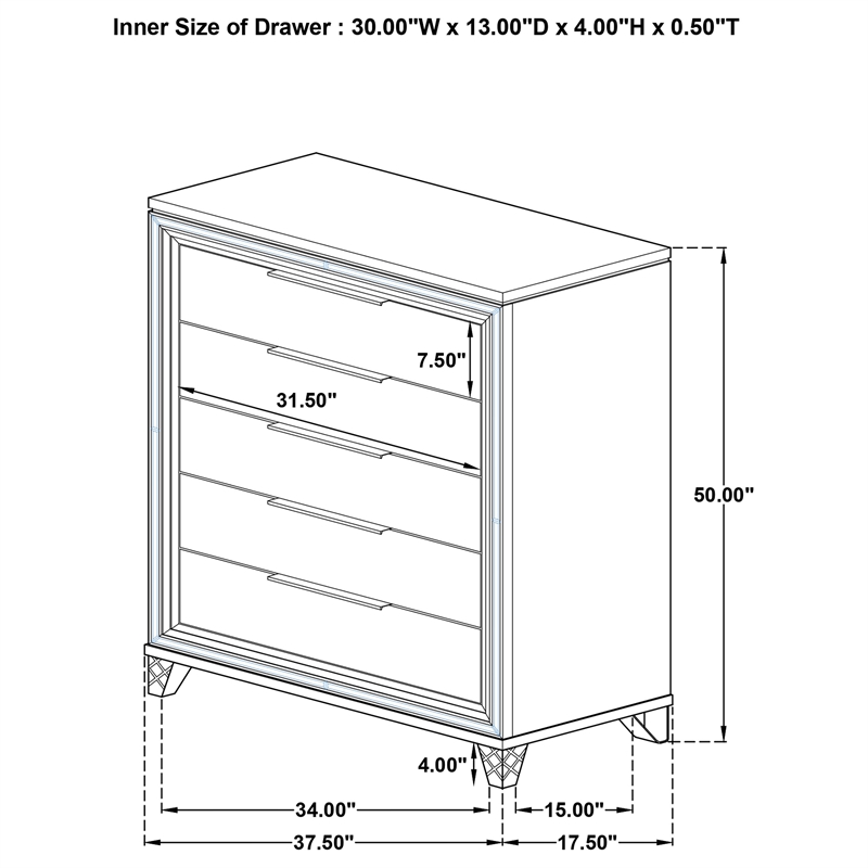 Pemberly Row Modern Italian 5-Drawer Chest of Drawers in White