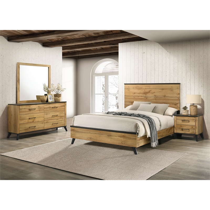 Pemberly Row 4-Piece Eastern King Mid-Century Bedroom Set in Natural Pine