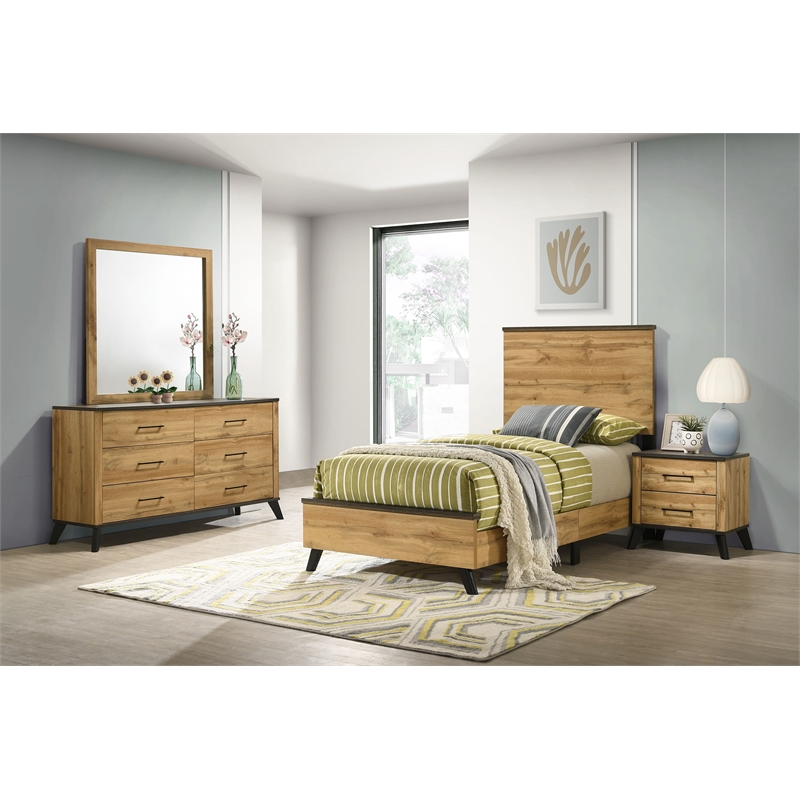 Pemberly Row 4-Piece Twin Mid-Century Bedroom Set in Natural Pine
