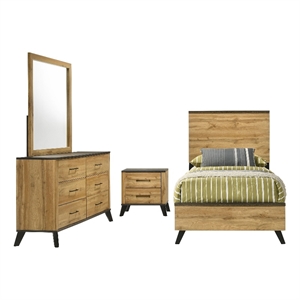 Pemberly Row 4-Piece Twin Mid-Century Bedroom Set in Natural Pine