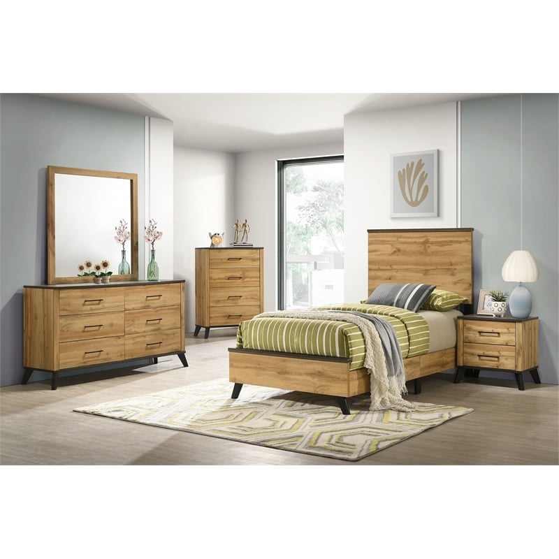 Pemberly Row 5-Piece Twin Mid-Century Bedroom Set in Natural Pine