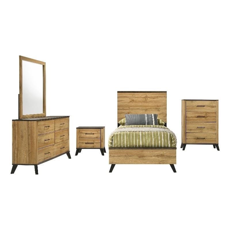 Pemberly Row 5-Piece Twin Mid-Century Bedroom Set in Natural Pine
