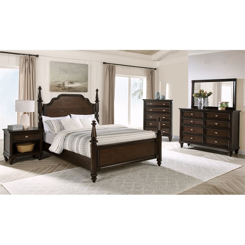 Pemberly Row 63 Inch Four Poster Eastern King Bed in Dark Oak