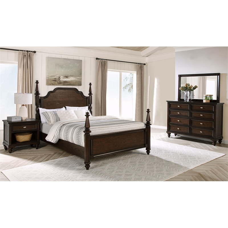 Pemberly Row 4-Piece Four Poster Queen Bedroom Set in Dark Oak