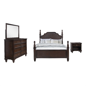 Pemberly Row 4-Piece Four Poster Queen Bedroom Set in Dark Oak