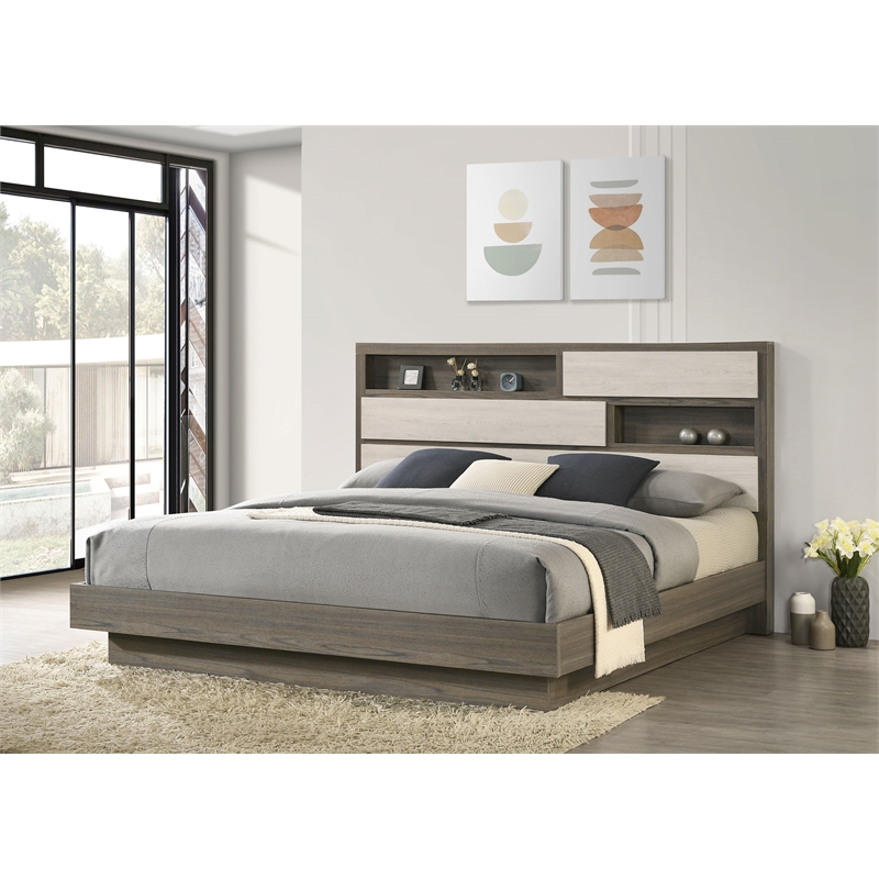 Pemberly Row Eastern King Bed with Bookcase Headboard in Grey Oak