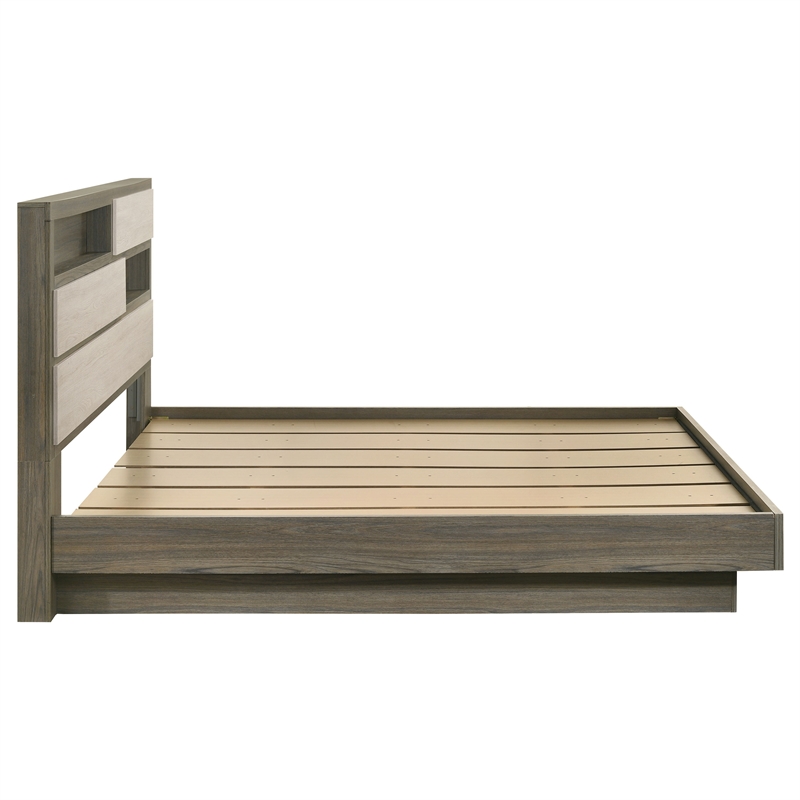 Pemberly Row Eastern King Bed with Bookcase Headboard in Grey Oak