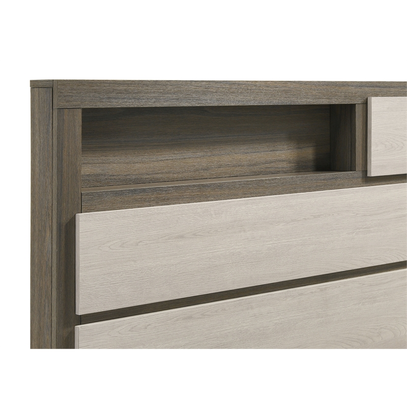 Pemberly Row Eastern King Bed with Bookcase Headboard in Grey Oak