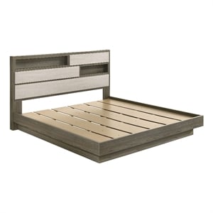 Pemberly Row Eastern King Bed with Bookcase Headboard in Grey Oak