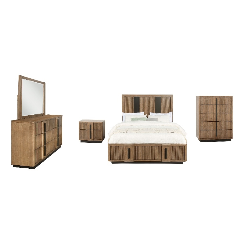 Pemberly Row 5-Piece Queen Fluted Storage Bedroom Set in Ash Brown