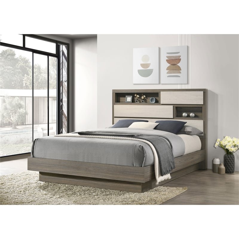 Pemberly Row California King Bed with Bookcase Headboard in Grey Oak