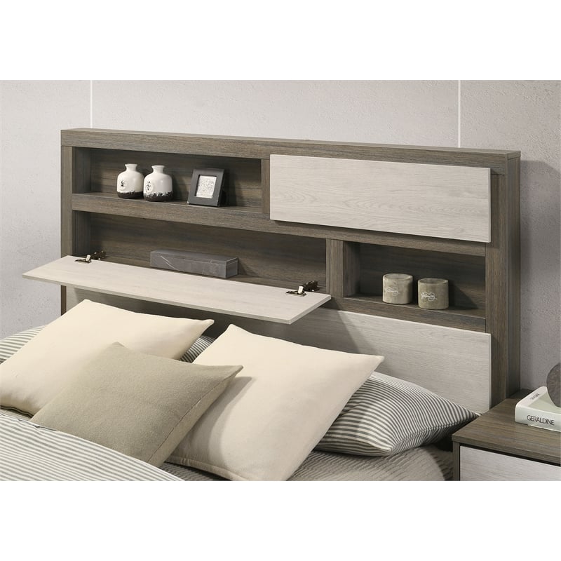 Pemberly Row California King Bed with Bookcase Headboard in Grey Oak