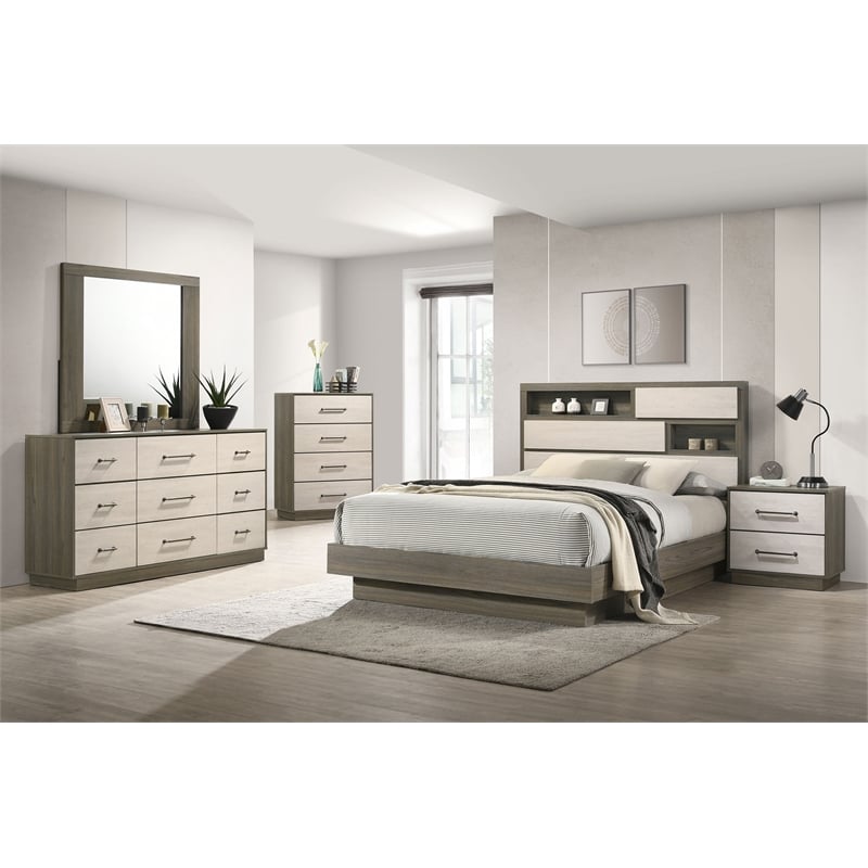 Pemberly Row California King Bed with Bookcase Headboard in Grey Oak