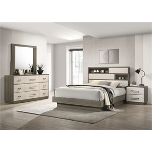 Pemberly Row 4-Piece Queen Bookcase Storage Bedroom Set in Grey Oak