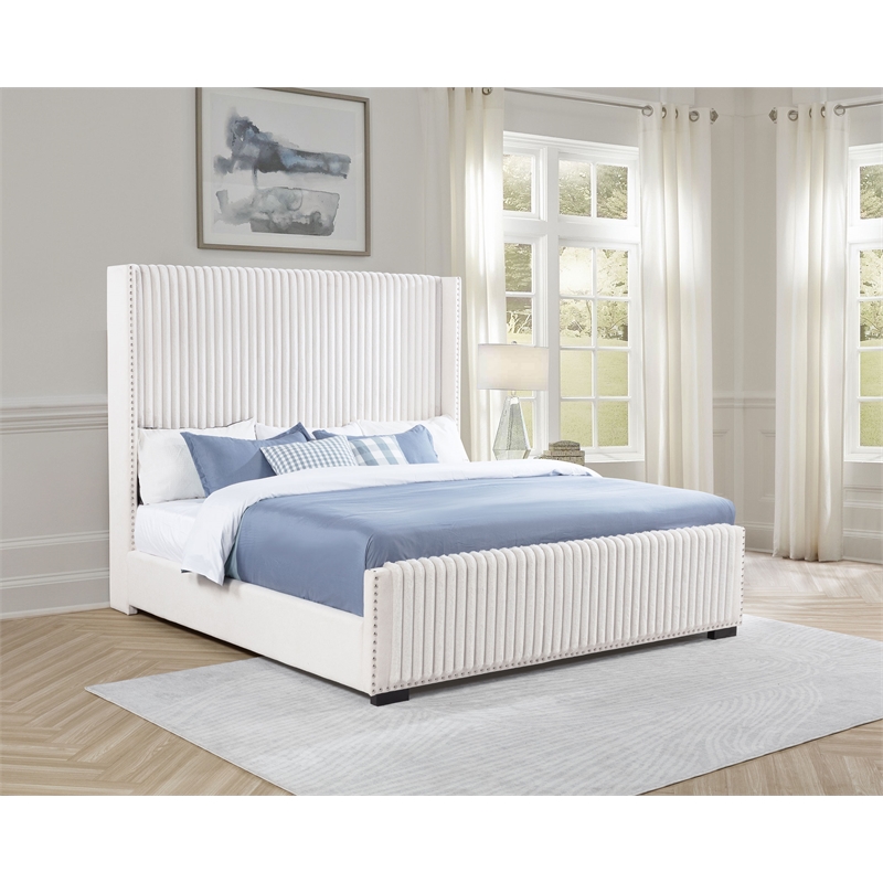 Pemberly Row 65 Inch Upholstered Eastern King Wingback Bed in Cream