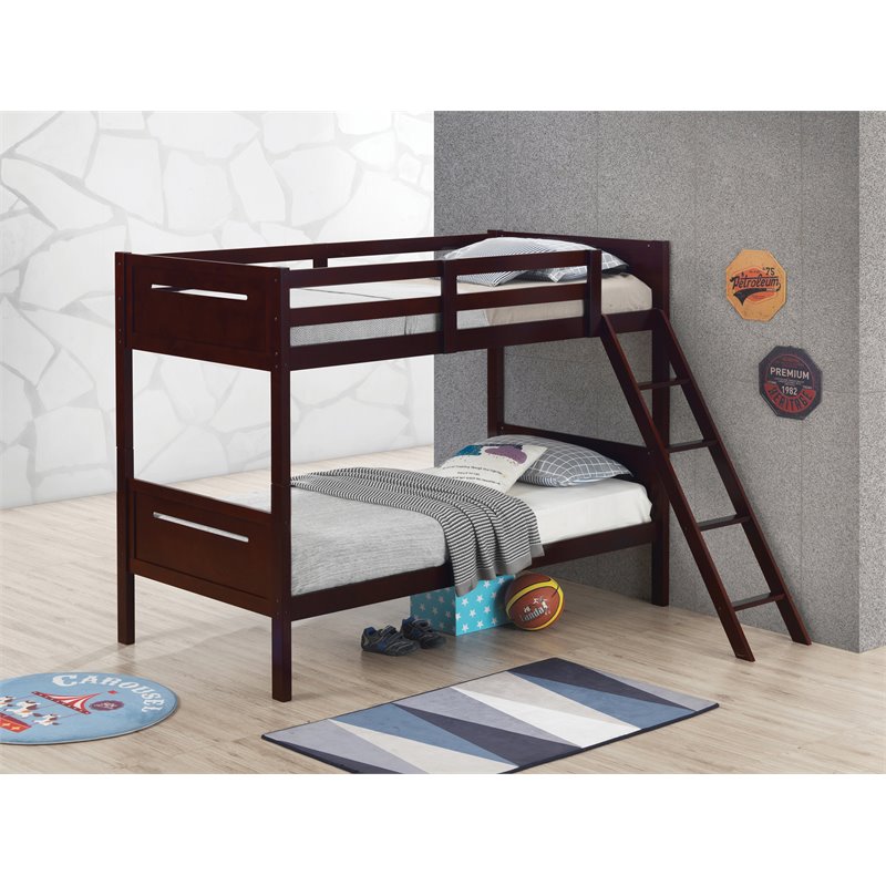 Pemberly Row Convertible Wood Twin Over Twin Bunk Bed in Espresso