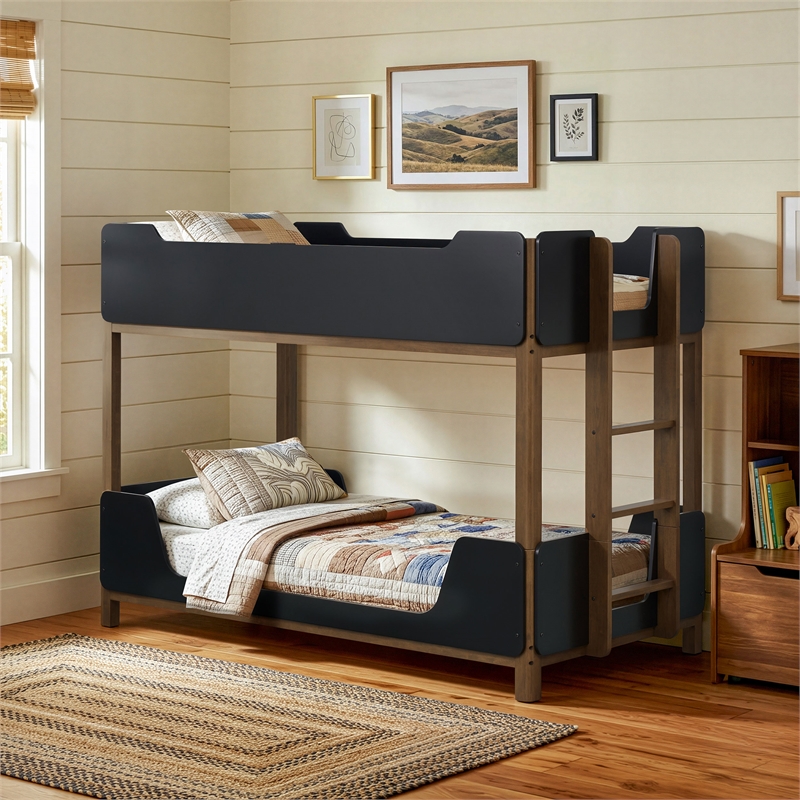 Pemberly Row Transitional Twin Over Twin Wood Bunk Bed in Black and Walnut