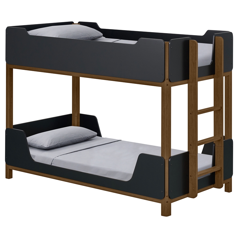 Pemberly Row Transitional Twin Over Twin Wood Bunk Bed in Black and Walnut