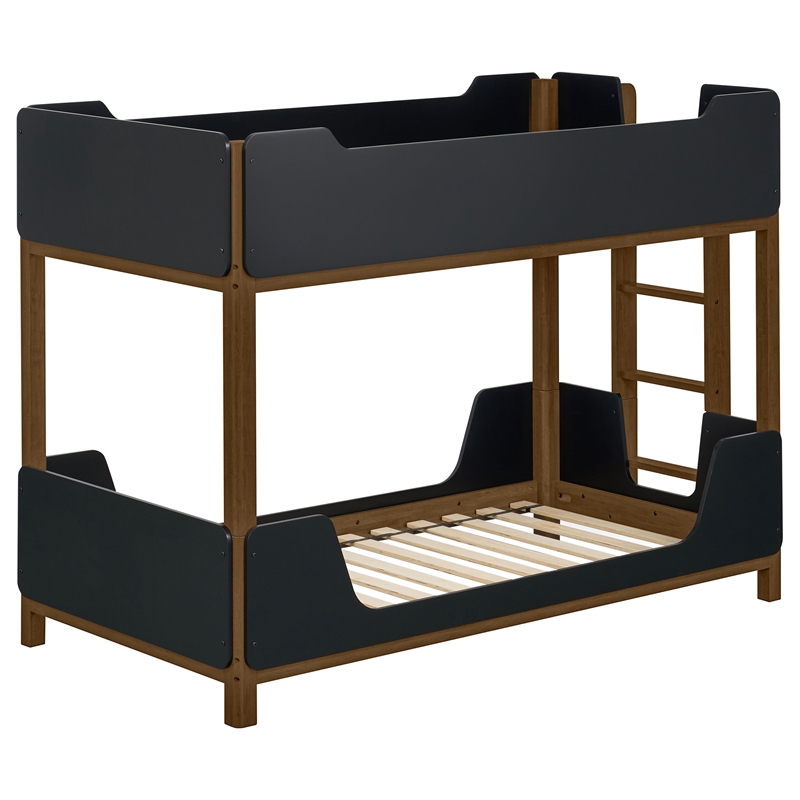 Pemberly Row Transitional Twin Over Twin Wood Bunk Bed in Black and Walnut